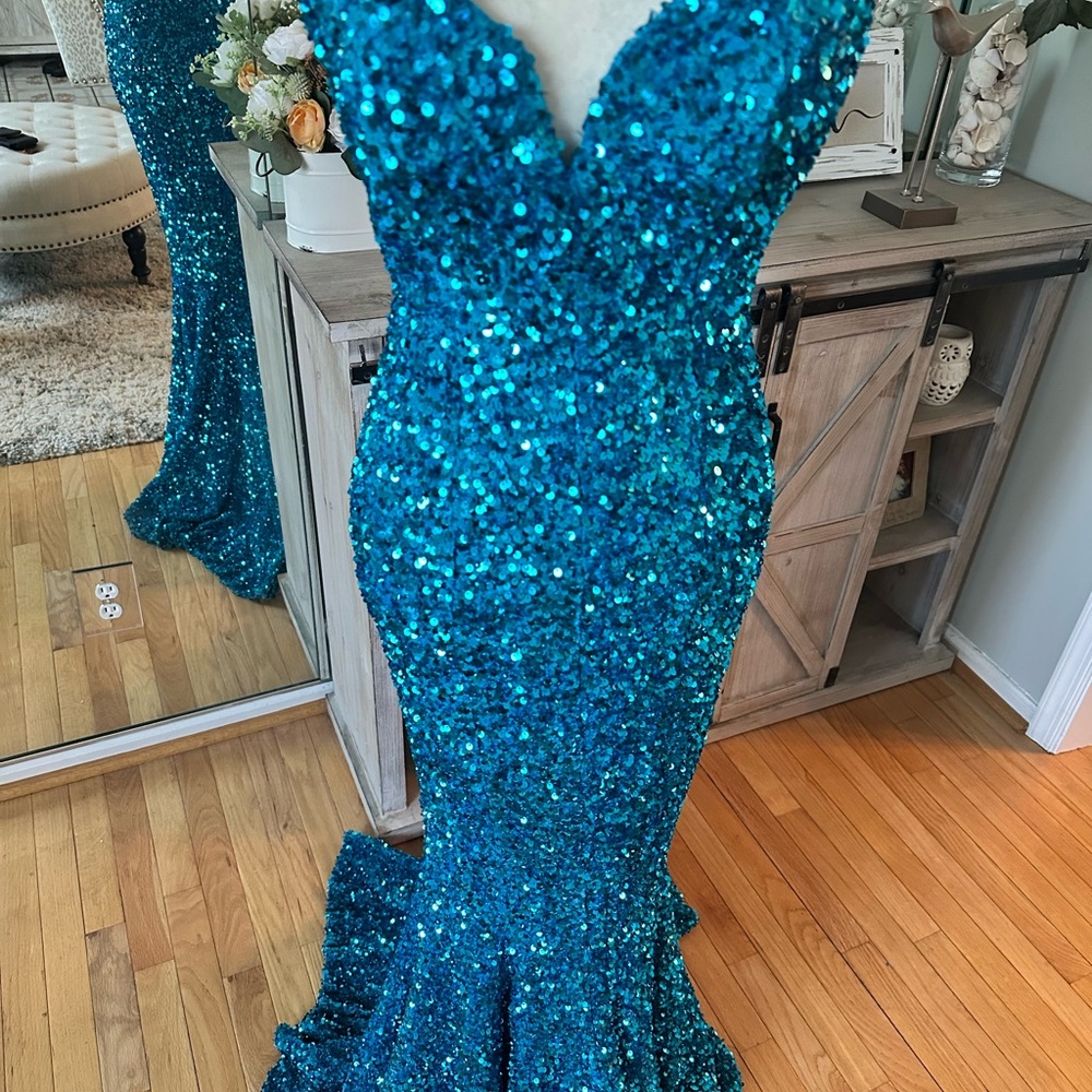 Strapless Mermaid Sequin Prom Dress - Aqua - Picture 6 of 10